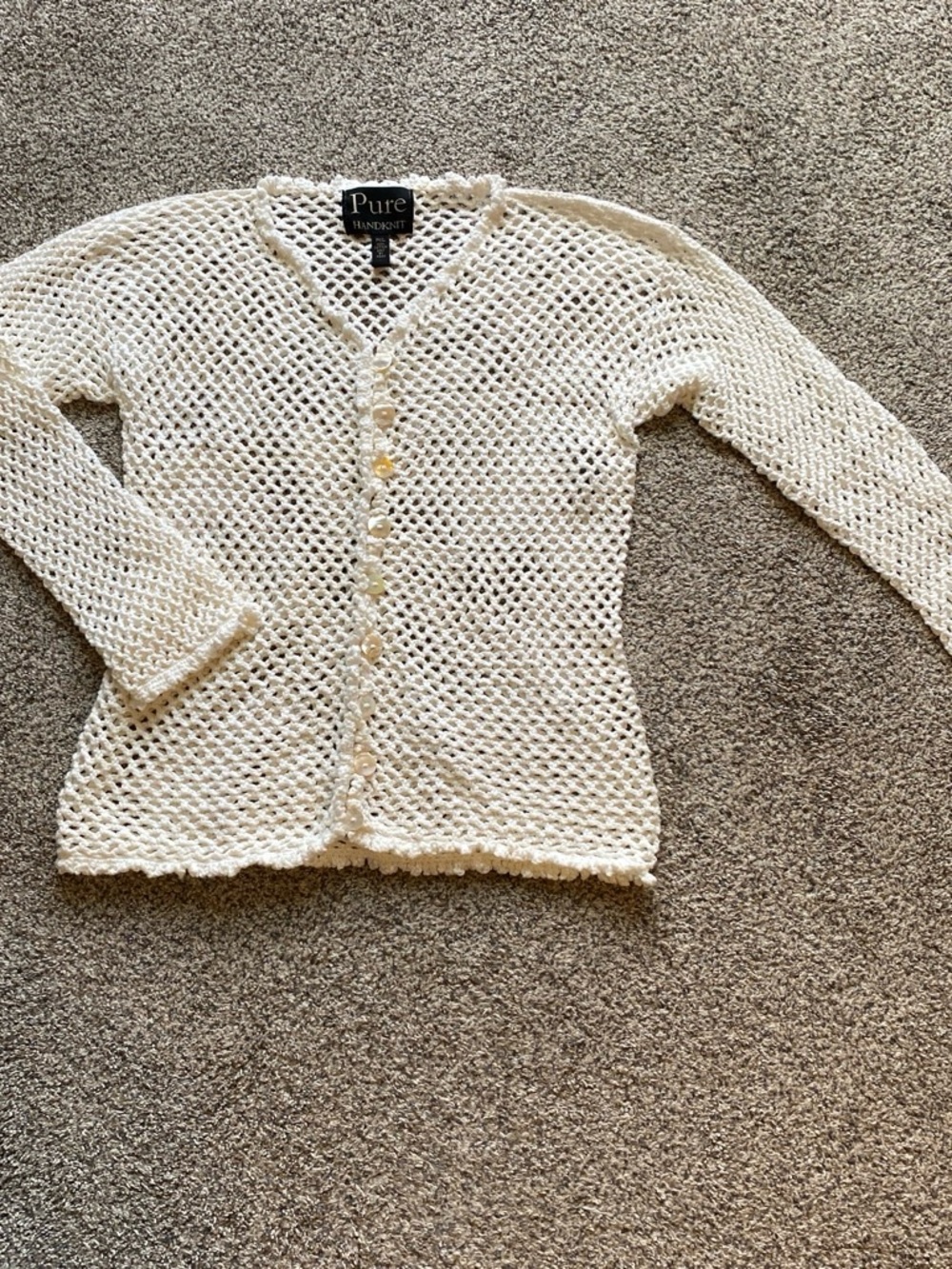 Pure Handknit Women’s White Open-Weave Button-Front Cardigan Size M/L